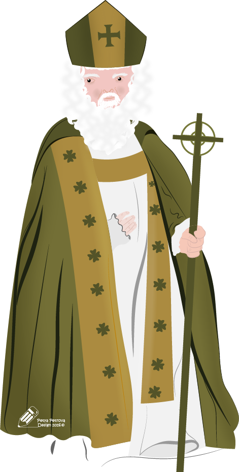 Illustration of a priest with white hair and green atire as St. Patric